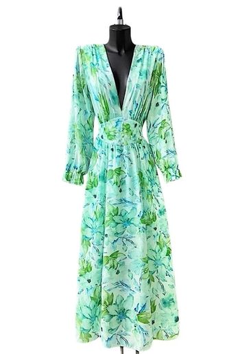 Robe longue bleue verte turquoise fleurs 