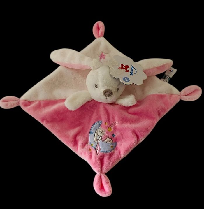 ❤️ Doudou Plat Mouchoir lapin rose Blanc Lune Simba Toys Nicotoy
