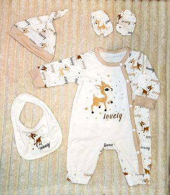 Ensemble tenue de naissance mixte garçon fille 1 mois biche pyjama gant bonnet bavoir assortis
