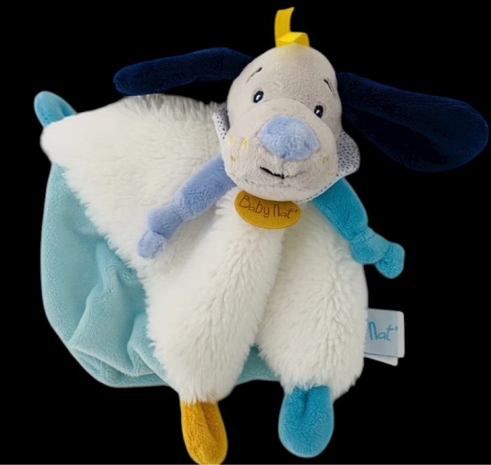 ❤️B4582 Doudou Plat Mouchoir Babynat Baby nat Chien Pépin Dog Bleu Blanc DOUX - photo numéro 3