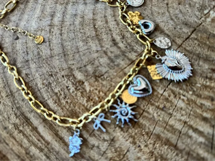Collier mailles 2 tons or argent acier inoxydable breloques cœur ex voto noeuds médailles .. - photo numéro 7