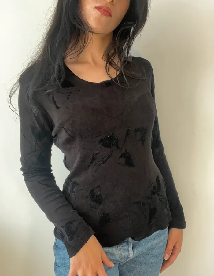 Top vintage années 90 noir à motifs velours taille M 🥀 - photo numéro 3