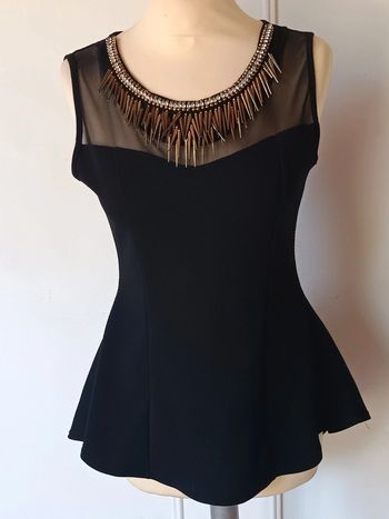 💎 débardeur long chic péplum noir taille M 38 l 40 voile transparent et collier intégré sexy chic