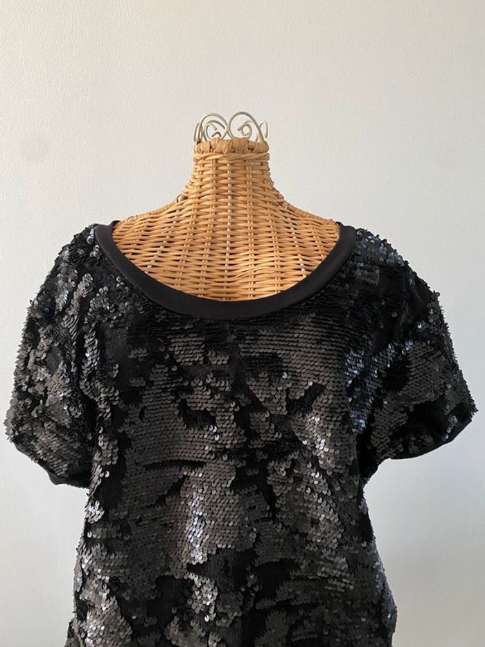 Tee shirt Camaïeu noir à sequins noirs et velours taille S neuf avec étiquette - photo numéro 6