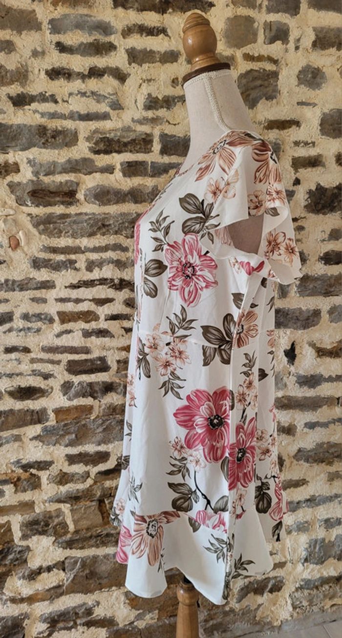 Robe de cérémonie ou de cocktail à fleurs rose écru La Redoute Taille XL ou 40/42 - photo numéro 2