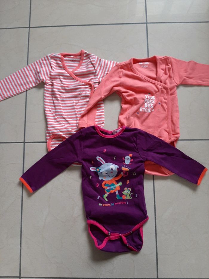Lot de 3 bodys manches longues fille 12 mois