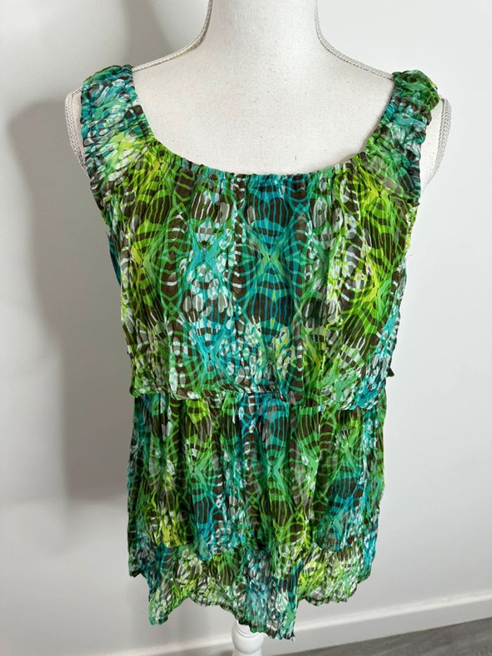 Blouse bariolée à volants verte et bleue Patrice Bréal T40 L
