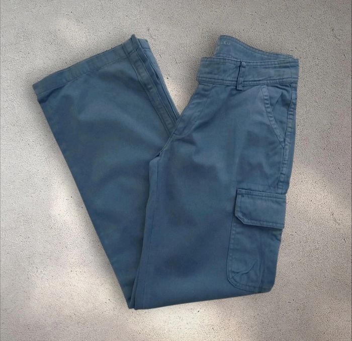 Pantalon bleu en coton jambes larges cargo femme taille 36 - photo numéro 2