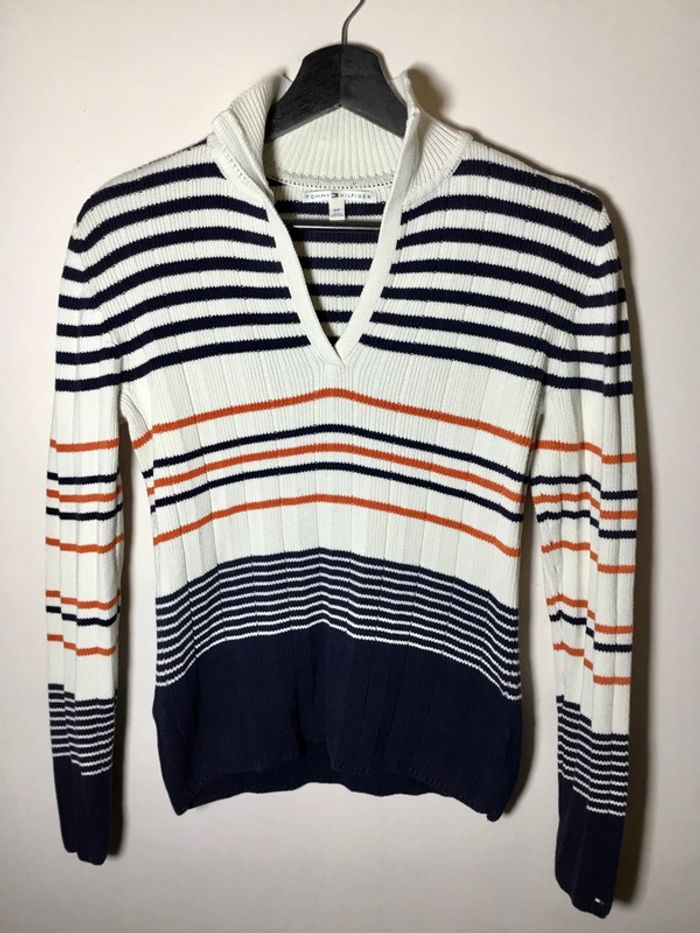 Pull pour femme col en v Tommy Hilfiger rayures horizontales taille S 068