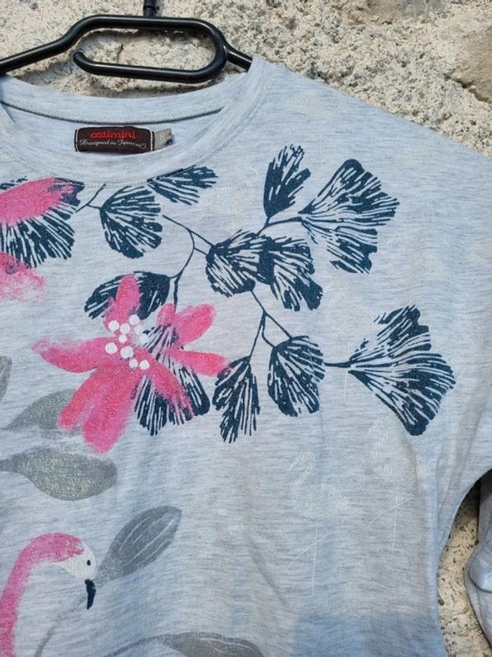 Superbe tee-shirt manches longues Catimini gris anthracite motif flamant rose 🦩, 8 ans - photo numéro 4