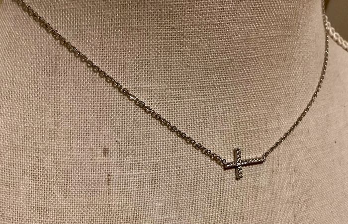 Collier réglable acier inoxydable argent croix horizontale zircons neuf - photo numéro 3