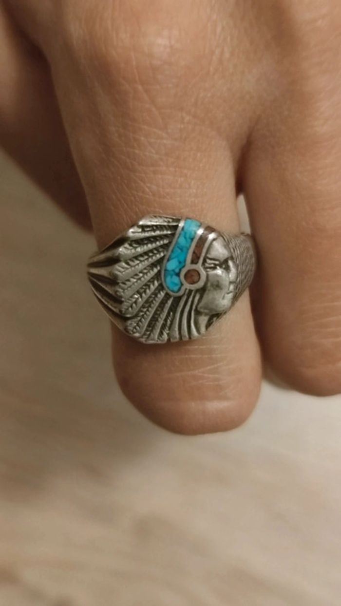 Bague indienne avec tête d'indien d'Amérique pierre bleu turquoise - photo numéro 3