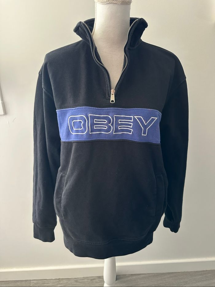 Sweatshirt demi zip noir et bleu Obey TS - photo numéro 4