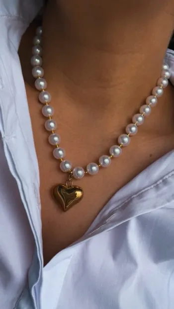 Collier perle artificielle pendentif cœur en acier MaxMara