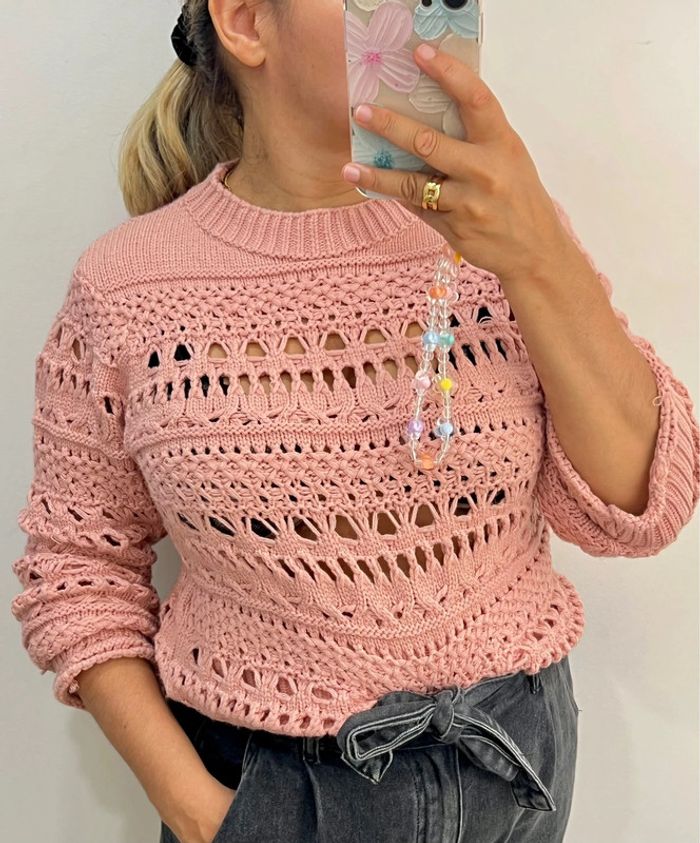 Pull en maille ajourée rose – fabriqué au Brésil 🇧🇷 Taille 36