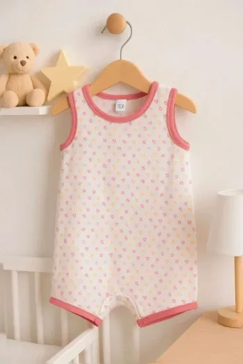 Barboteuse fille sans manches TEX 18 mois – imprimé fleuri rose et jaune