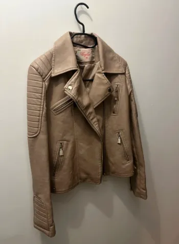 Perfecto simili cuir beige femme biker chic rock automne mi-saison blouson veste zippée motarde T38