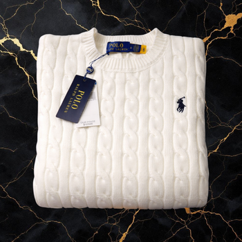 Pull torsadé à col rond Ralph Lauren - Taille M - Blanc logo brodé noir - Neuf