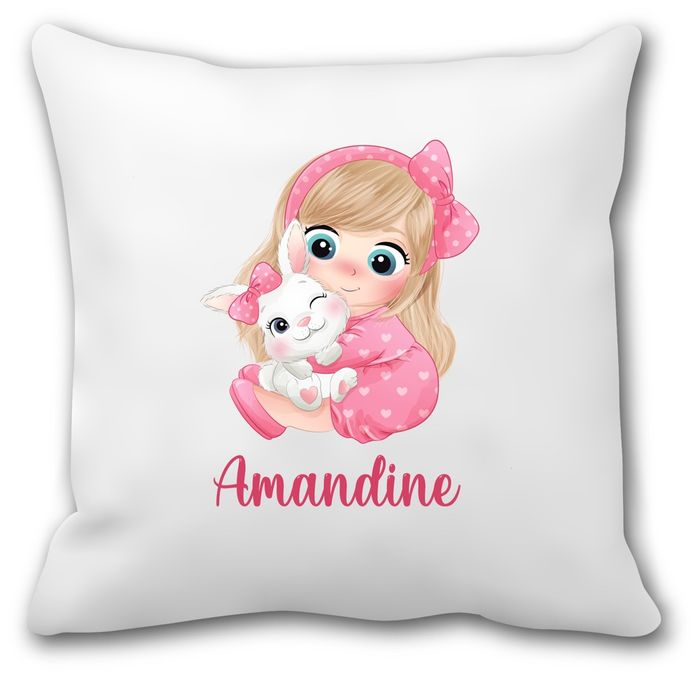 Coussin personnalisé enfant fille et lapin – Prénom au choix – Rentrée scolaire maternelle – Housse + garniture 40x40 cm – Déco chambre douce rose