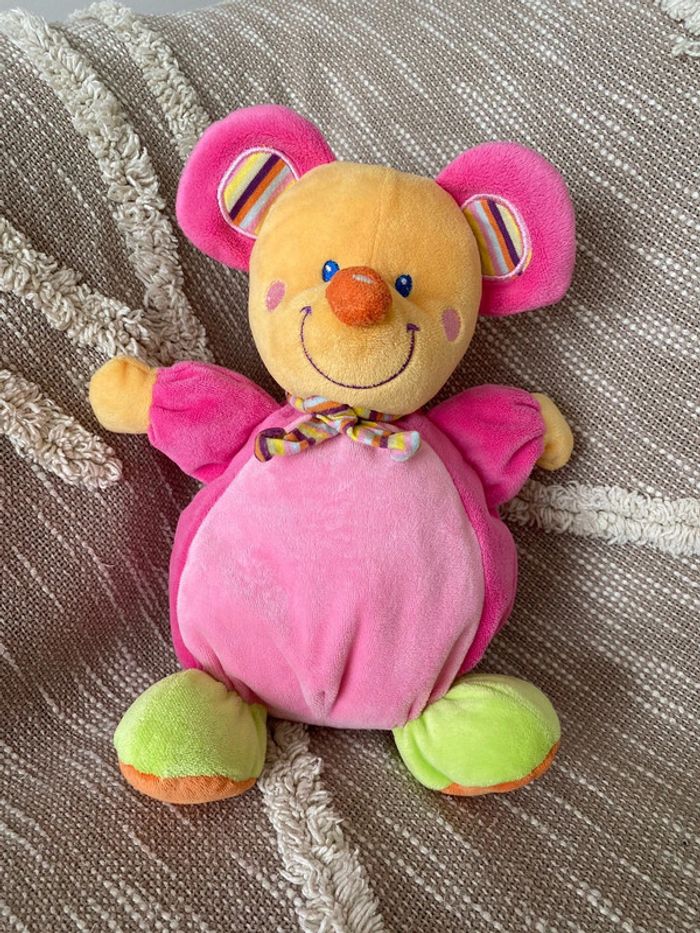 Peluche doudou musical 29cm Mots d'enfants souris rose et orange très bon état