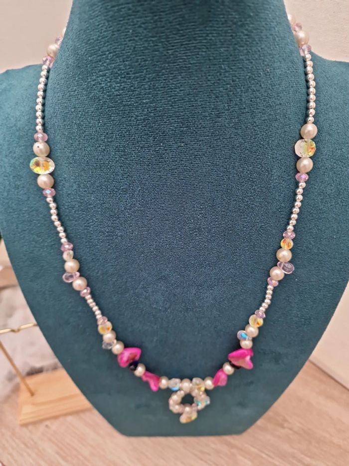 Collier Sautoir Perles Nacrées Perles Cristal Perles Coquillage Fushia - photo numéro 4