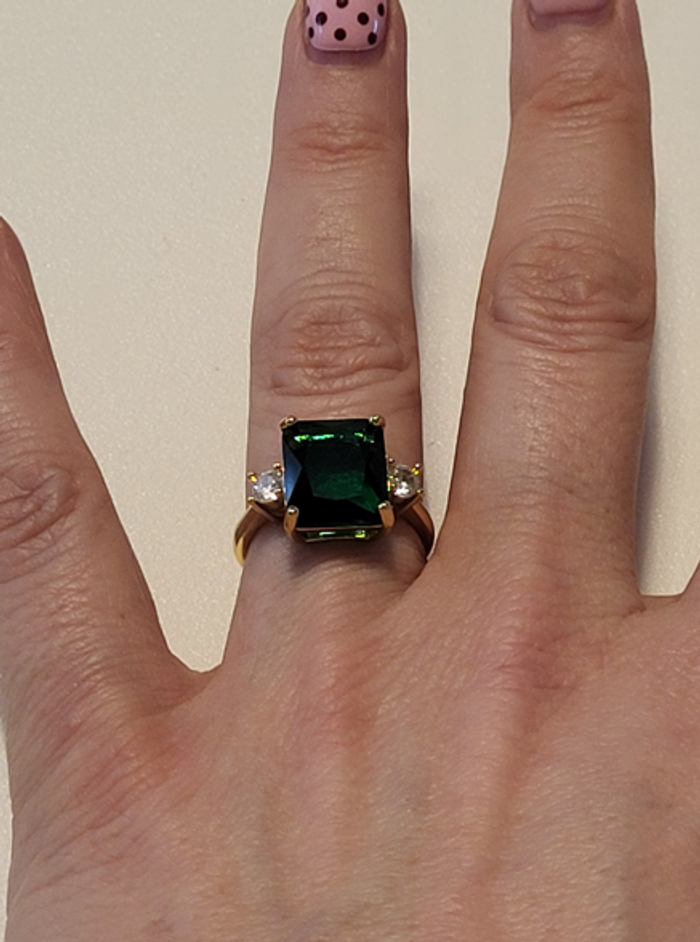 Bague en acier inoxydable doré, ajustable pierre carrée zircon vert - photo numéro 3