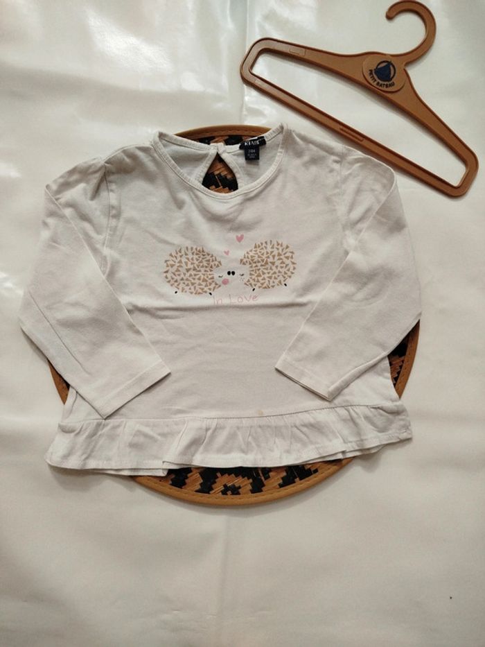 T-shirt manches longues 24 mois Kiabi hérisson blanc