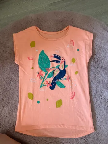 TEE shirt fille orange fluo perroquet