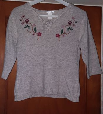 Pull Vintage beige fleuri broderie