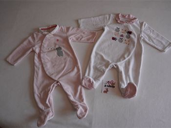 Lot n°6 de 2 Pyjamas velours blancs/roses fantaisies Obaibi en 3 mois