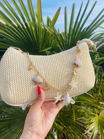 Sac à main vintage / pochette / sac / beige / maille / coquillage 