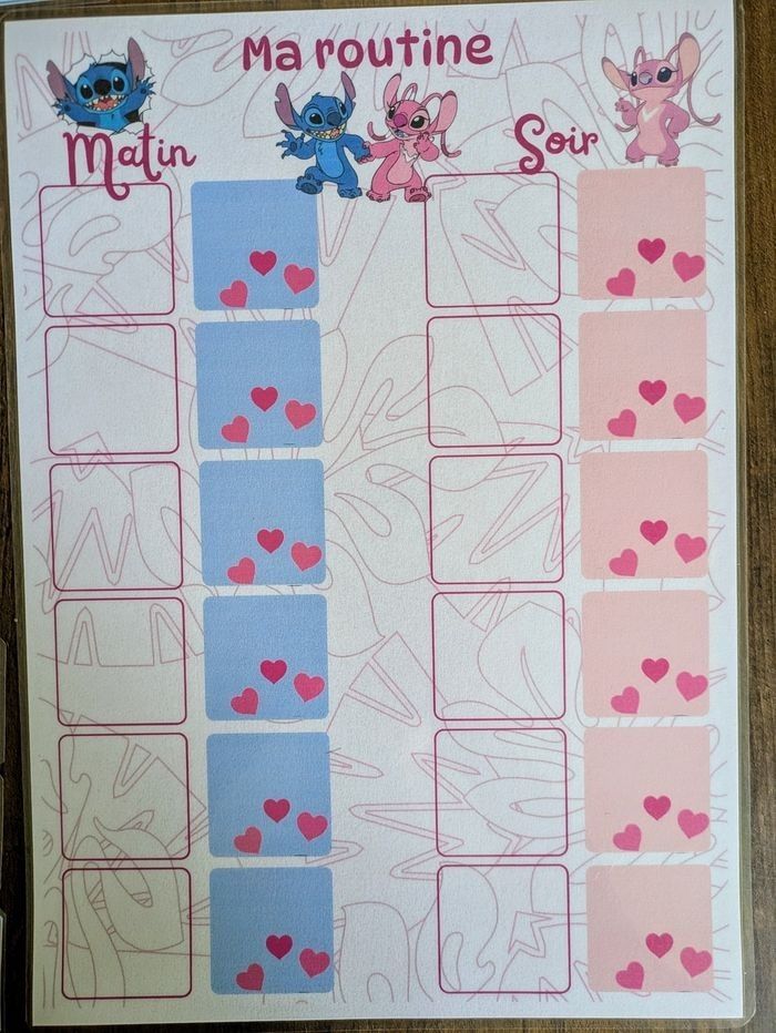 Routine visuelle inspirée de Stitch et Angel - tableau emploi du temps