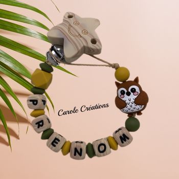 Attache tétine personnalisé hibou 3D lettre et clip silicone beige marbré