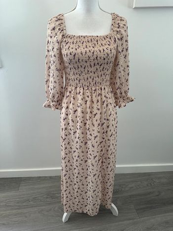 Robe longue à fleurs beige crème et violette Vintage T38 M