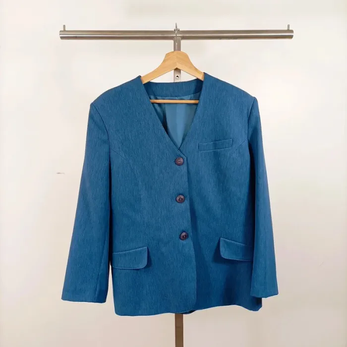 Tailleur vintage bleu Anouk 2 pièces – blazer et jupe boutonnée, taille 44 A1065 - photo numéro 2