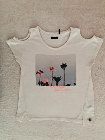 T-shirt IKKS 8 ans rose clair épaules dénudées motifs palmiers noir et rose fluo