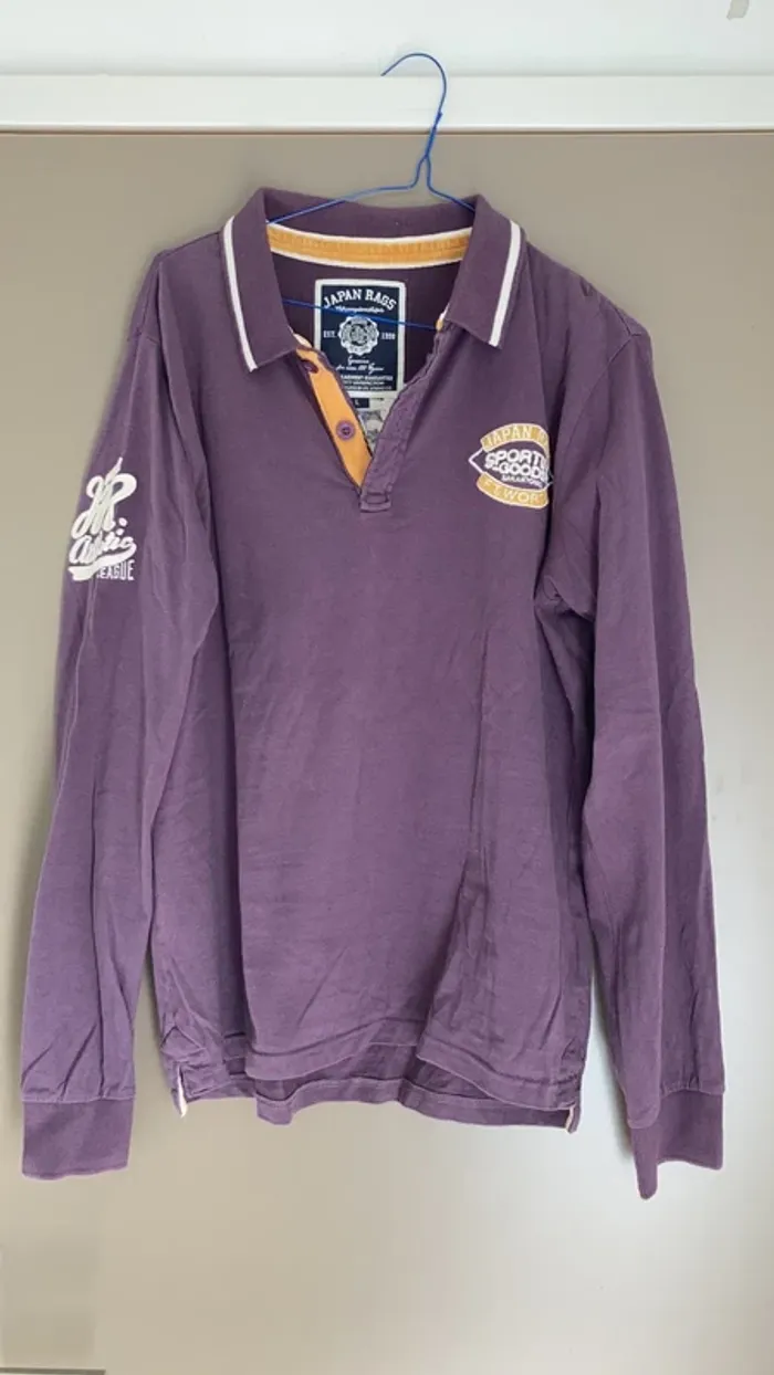 T-shirt homme manches longues col polo brodé L Japan Rags lie de vin