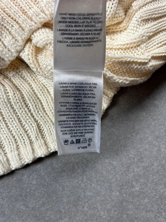 Pull d’hiver torsadé en maille pima Cotton blanc crème logo bleu marine col V taille M femme - photo numéro 10