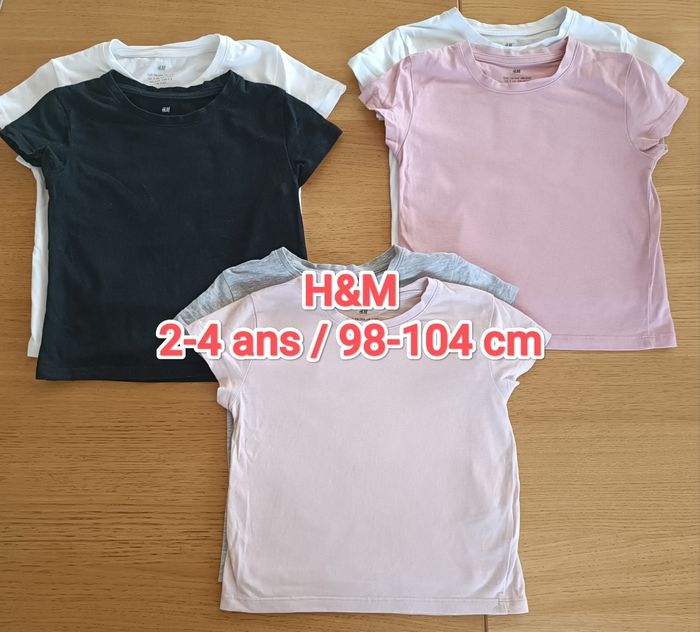 LOT : 6 t-shirts col rond manches courtes coton H&M unis 2-4 ans fille