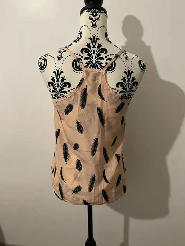 Débardeur fine bretelle abricot motif plume noir dos croisé taille S - photo numéro 5