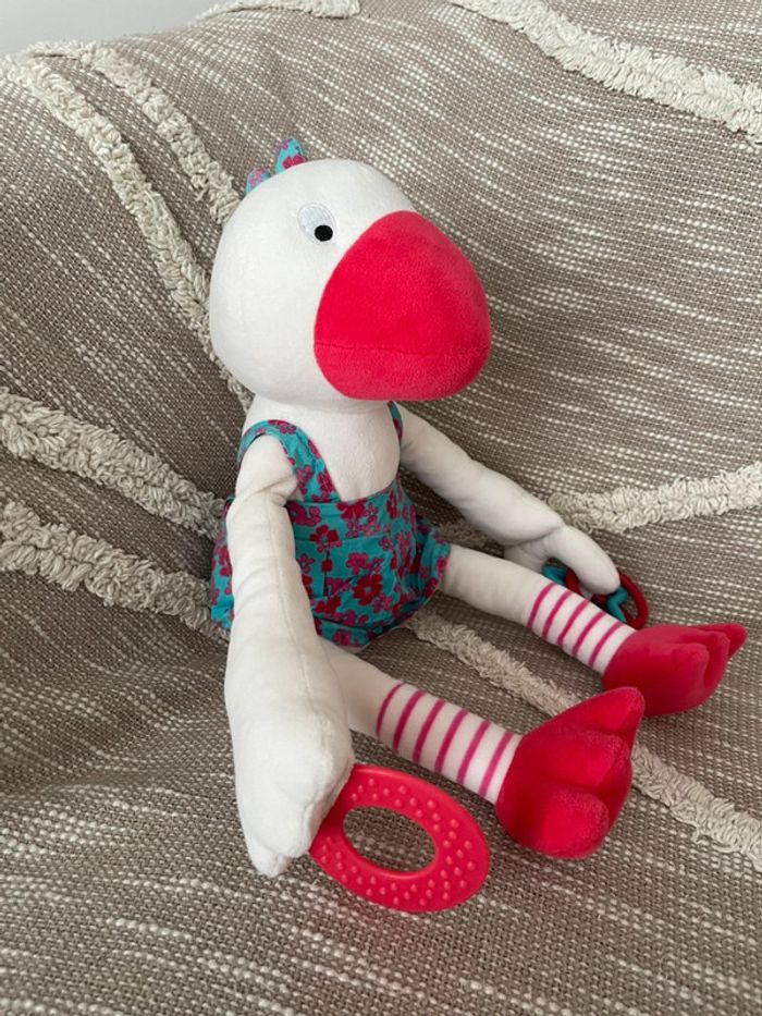 Peluche doudou d’éveil 41cm orchestra oie canard oiseau blanc rouge bleu très bon état - photo numéro 3