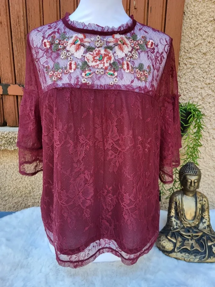 Blouse dentelle broderie fleuri violine new look taille 46 - photo numéro 2