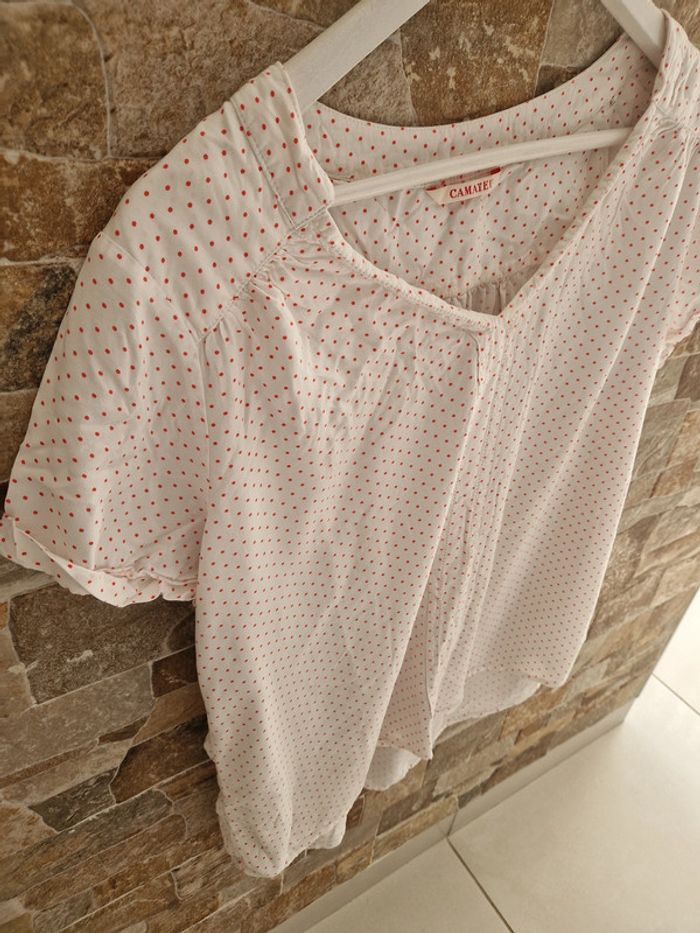 T shirt débardeur haut sans manche blanc petits points rouge rose taille 46 marque Camaïeu - photo numéro 3