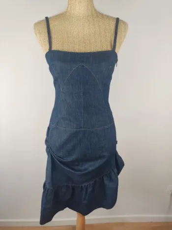 Robe asymétrique et froncée à bretelles en jeans bleu marine vintage taille 38 Christian Lacroix