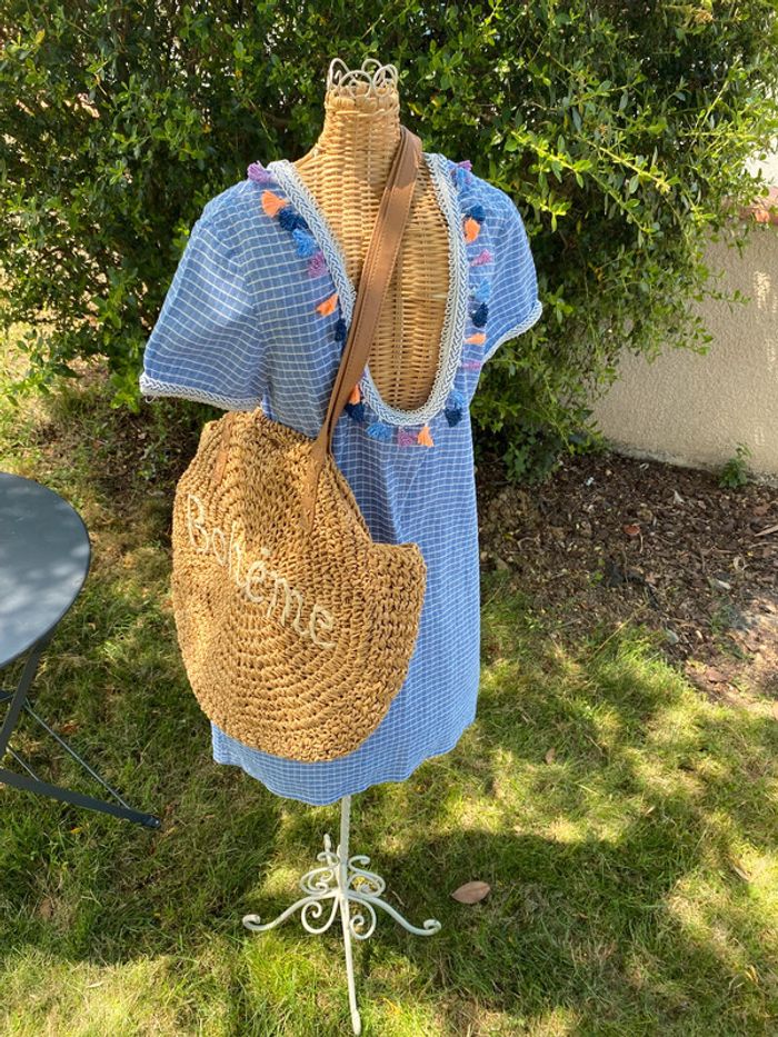 Robe été bleue et blanche à carreaux avec pompoms taille XS - photo numéro 11