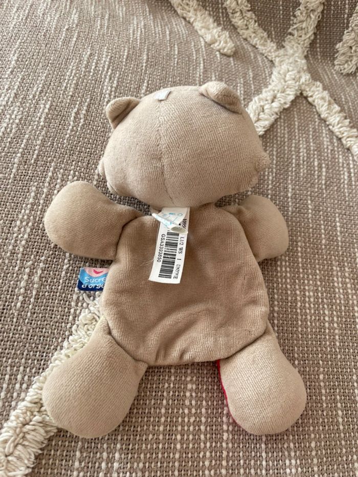 Peluche doudou plat 22cm Sucre d'orge chat marron rouge et vert  très bon état - photo numéro 3