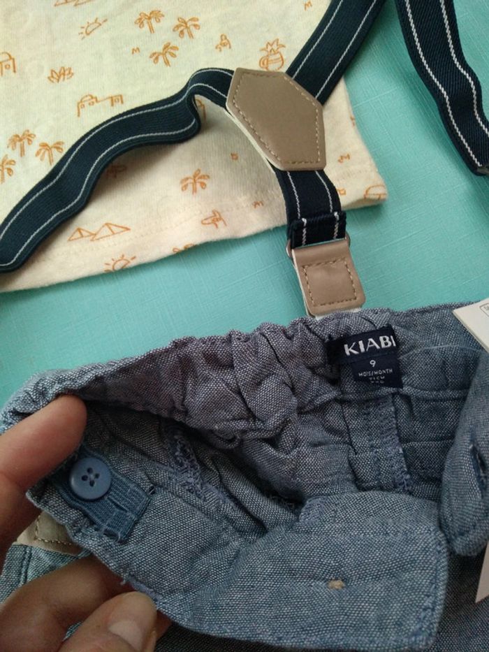 * Ensemble Pantalon bleu + T-shirt blanc cassé imprimés bleu en coton ajourés T9M Kiabi - photo numéro 3