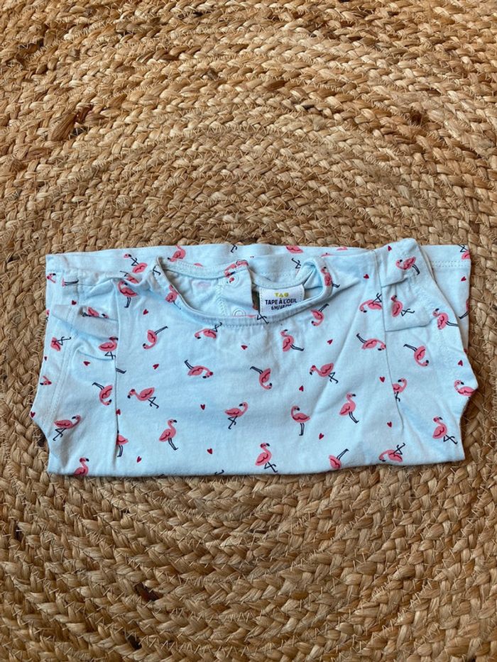 T-shirt fille 6 mois, bleu ciel motifs flamands roses - photo numéro 3