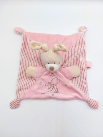 Doudou Plat Lapin rose beige blanc SIMBA TOYS Étoile Argent KIABI attache tétine