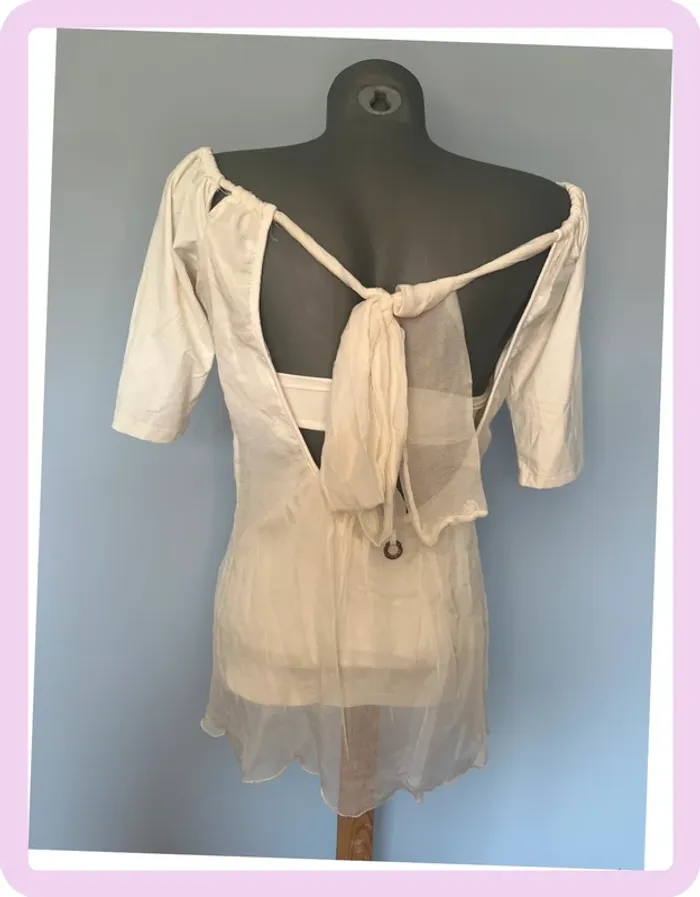 Haut Save the Queen T. L – Soie blanc cassé, tulle girafes, dos noué - photo numéro 6